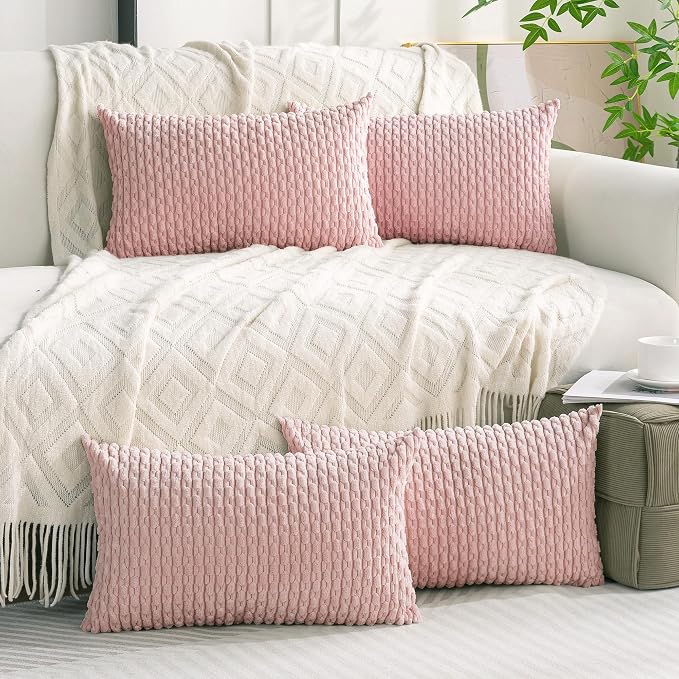 Set of 4 Light Pink Decorative Throw Pillow Covers 12x20 Inch Corduroy Pillow by Cozoomy