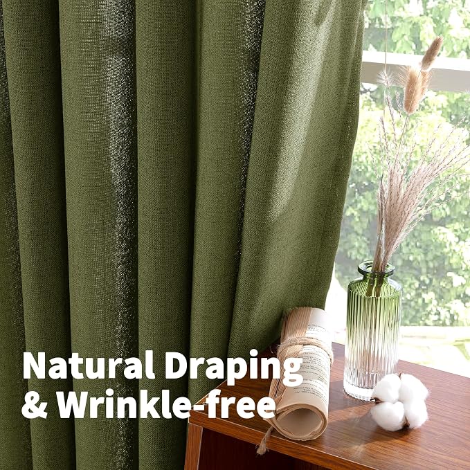 Olive Linen Semi Sheer Curtains 48 Inch Length 2 Panels Light Filtering | Dark - Image 5