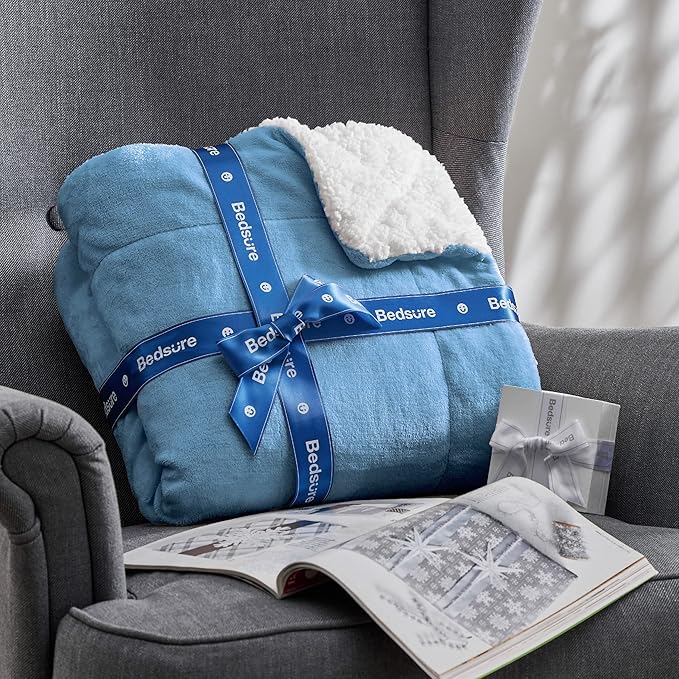 Bedsure GentleSoft Sherpa Fleece Blankets Queen Size for Bed - Thick and Warm Throw for Women and Men, Soft Fuzzy Plush Queen Blanket for Winter, Washed Blue, 90x90 Inches