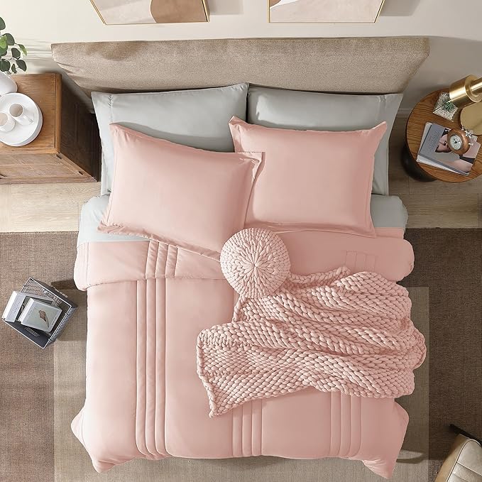 Monbix Queen Comforter Set - 7 Pieces Light Pink Bed in a Bag Queen Bedding Sets with Comforters, All Seasons Down Alternative Comforter Bed Set with Sheets, Pillowcases & Shams