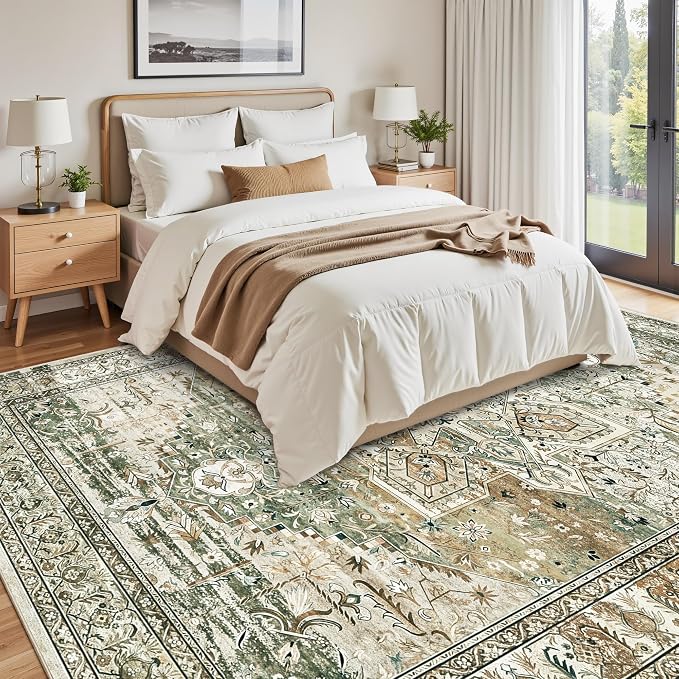 Soalmost 9x12 Area Rugs for Living Room Washable Rug Non-Slip Olive Beige | - Image 8