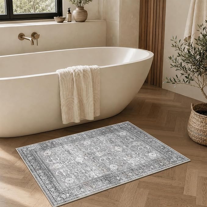 Schweek 2x3 Entryway Rug Non-Slip Washable Vintage Area Rugs Grey Door Mat | - Image 3