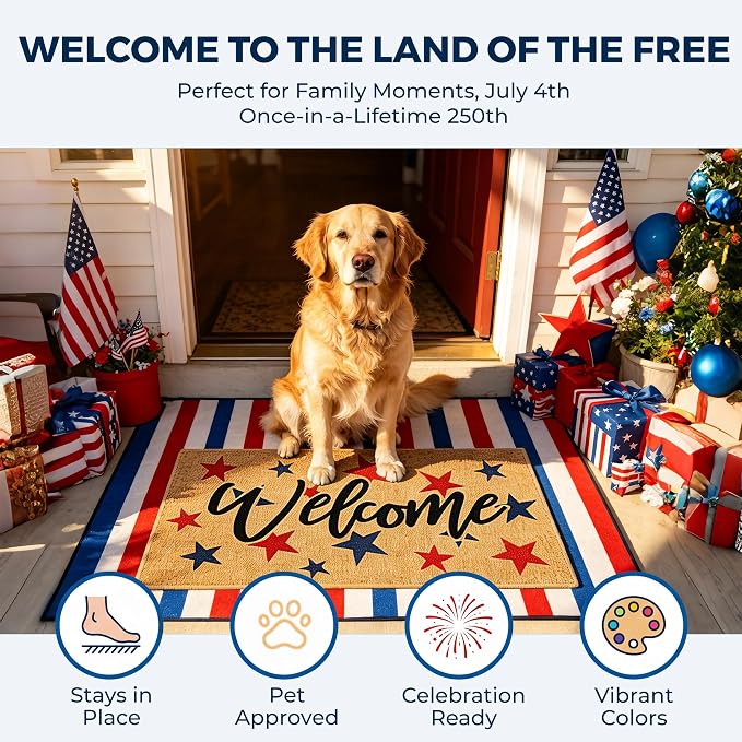 2 Pcs Patriotic Door Mat Set for 4th of July Front Porch Decor, Layered - Image 5
