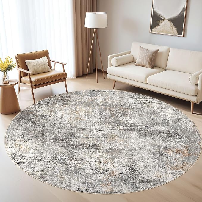 LOONGRUG Round Rug 8x8 Washable Large Neutral Modern Circle Rugs Grey Rust | - Image 8