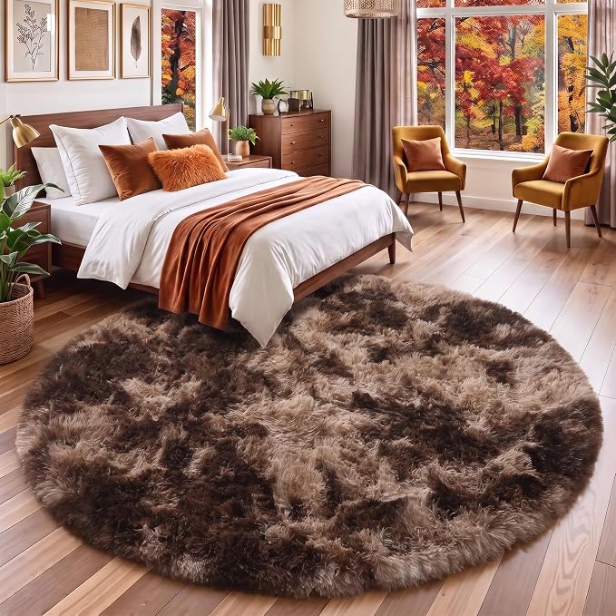 Amdrebio Brown Tan Fluffy Shag Round Circle Area Rug 4Ft - Image 3