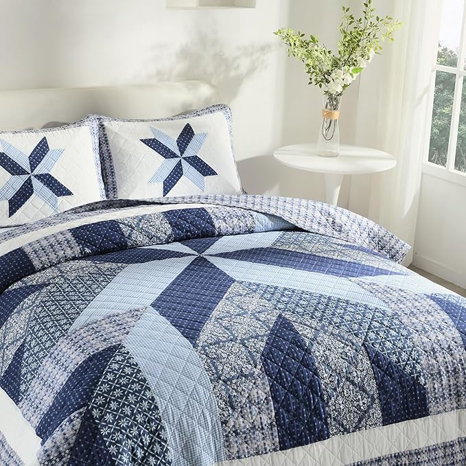Secgo Handmade Quilted 100% Cotton Queen Comforter Set for Bed - 100% Cotton Quilts Queen Size, Black Bedspreads (90 * 98 Inch) with 2 Pillow Shams, Patchwork Reversible Lightweight Bedding