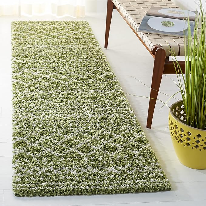 SAFAVIEH Arizona Shag Collection Area Rug - 2'6" x 14' Runner, Green & Ivory, Non-Shedding & Easy Cleaning, Plush Thick Pile, Ideal for Living Room, Bedroom, Dining Space (ASG741X)