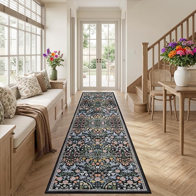 PLHXFR 2.6x14 Washable Runner Rug：Floral Indoor Kitchen Carpet Dark Black | - Image 3
