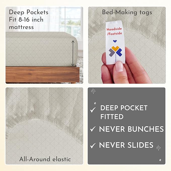 California Design Den California King Sheet Sets - 400 Thread Count Sateen, Natural 100% Cotton Sheets, Deep Pocket Cooling and Durable Bedding Set - Taupish-Sage Crosshatch