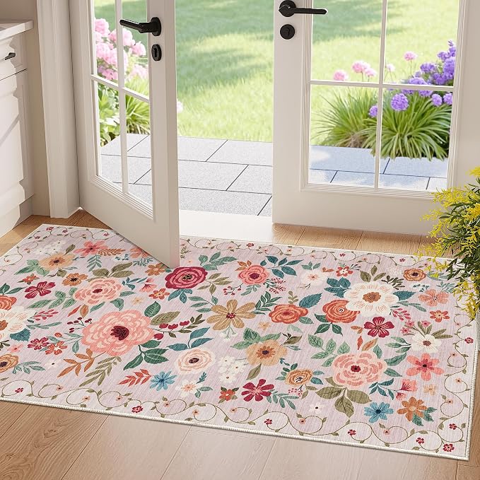DUKINO 2x4 Entryway Rug, Floral Washable Kitchen Rugs Non Slip, Soft Indoor by DUKINO