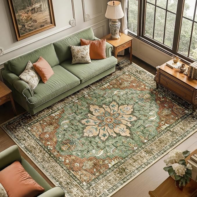 RELEANY Washable Area Rug, Brick/Brown/Green | Non-Slip, Water Repellent - Image 4