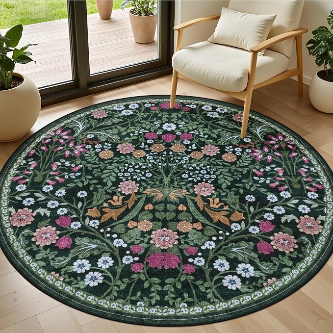 PLHXFR Round Area Rug Living Room: 4 ft Floral Washable Carpet Dark Green | by PLHXFRSoftAreaRugs