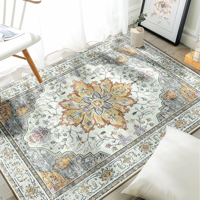 RELEANY Washable Area Rug, Water Repellent, Pet Friendly, Vintage Floral Boho by RELEANY