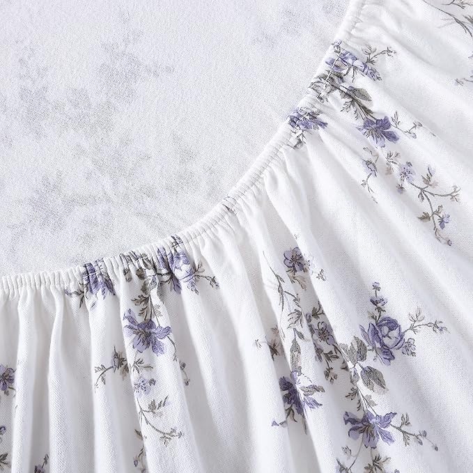 Laura Ashley - Flannel Sheets Queen Size, Anti-Pilling & Wrinkle Resistant Cotton, Touchably Soft for All-Season Comfort - Bed Sheets with Matching Pillowcases & Fitted Sheet (Jessika Lavender)