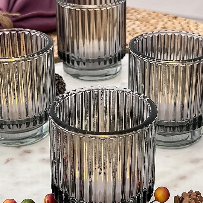 Kate Aspen Ribbed Glass Candle Holder Smoke Gray Tealight Holders for Home, Kitchen, Room or Living Room Decor - Vintage Tea Light Votive Accent for Table or Shelf Styling (Pack of 36)