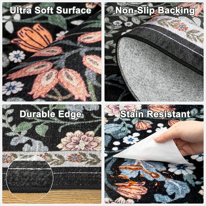 PLHXFR 2.6x8 Washable Runner Rug：Floral Indoor Kitchen Carpet Dark Black | - Image 8