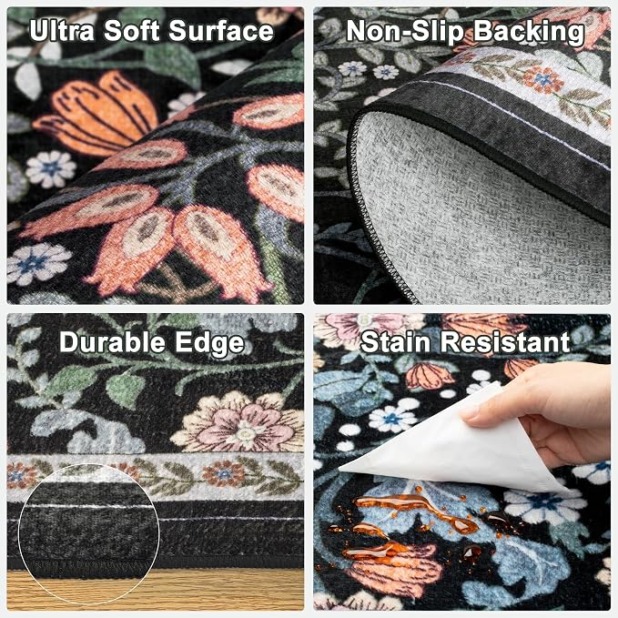 PLHXFR 2x5 Washable Runner Rug：Floral Indoor Kitchen Carpet Dark Black | - Image 8