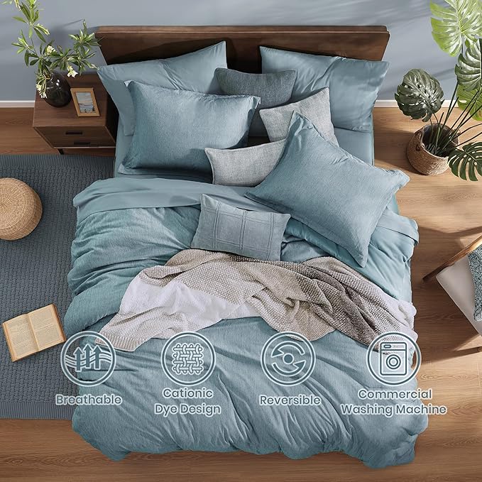 Monbix King Size Comforter Set,7 Pieces Dusty Blue Cationic Dyeing Bed in a Bag King with Comforter, Sheets, Pillowcases & Shams, All Season Reversible Bedding Comforters