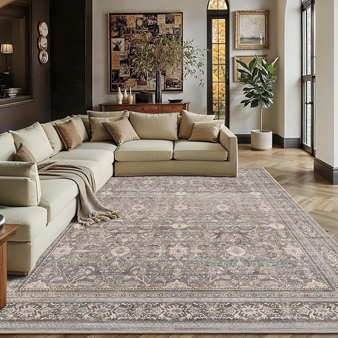 Schweek 8x10 Washable Area Rug Neutral Floral Rugs by Schweek