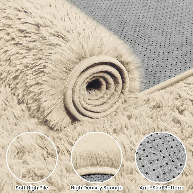 5x7 Fluffy Shag Area Rugs for Living Room Bedroom: Soft Plush Carpet Beige | - Image 6