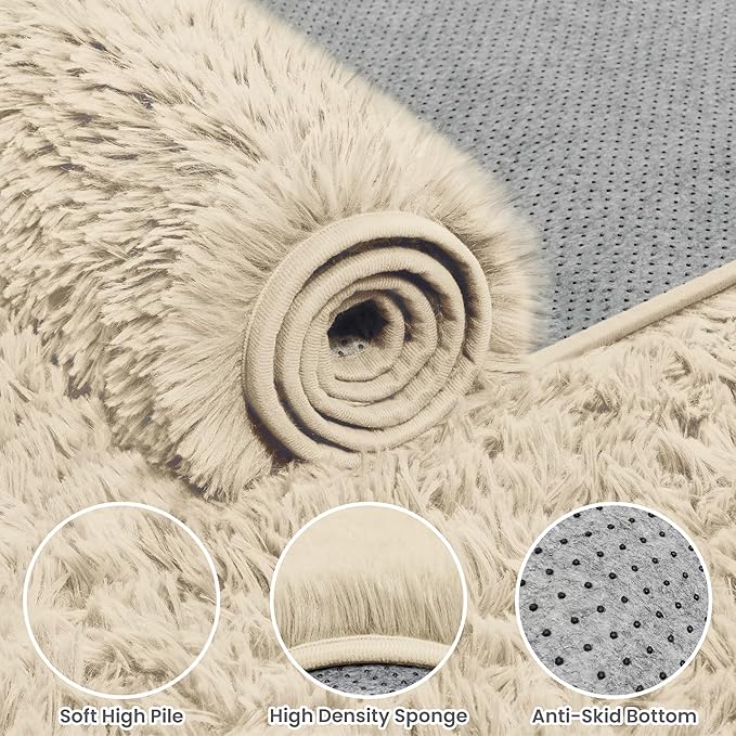4x6 Fluffy Shag Area Rugs for Living Room Bedroom: Soft Plush Carpet Beige | - Image 6