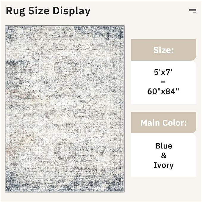 Soalmost 5x7 Area Rugs Blue/Ivory Low Pile Washable Trendy Faded Style Rug | - Image 5