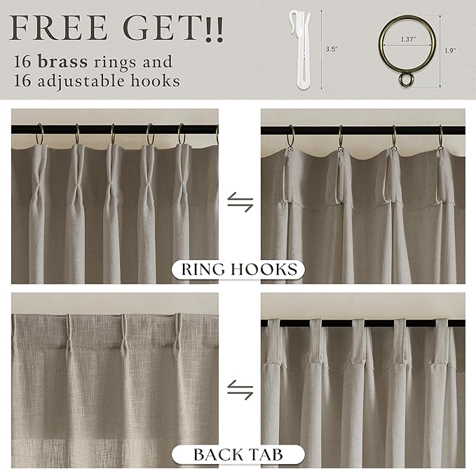 Pinch Pleated Taupe Linen Semi Sheer Curtains 84 Inches Long 2 Panels Set | - Image 5