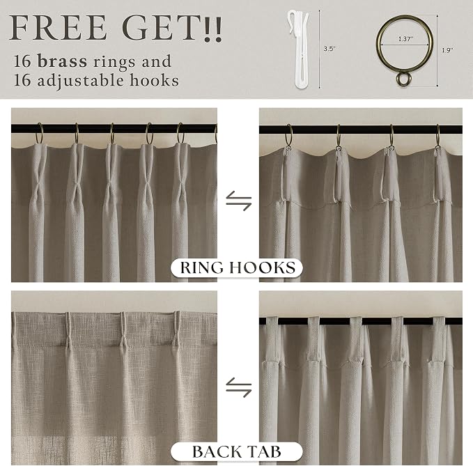Light Filtering Burlywood Birch Pinch Pleated Linen Curtains 50Wx94L | Pinch - Image 4