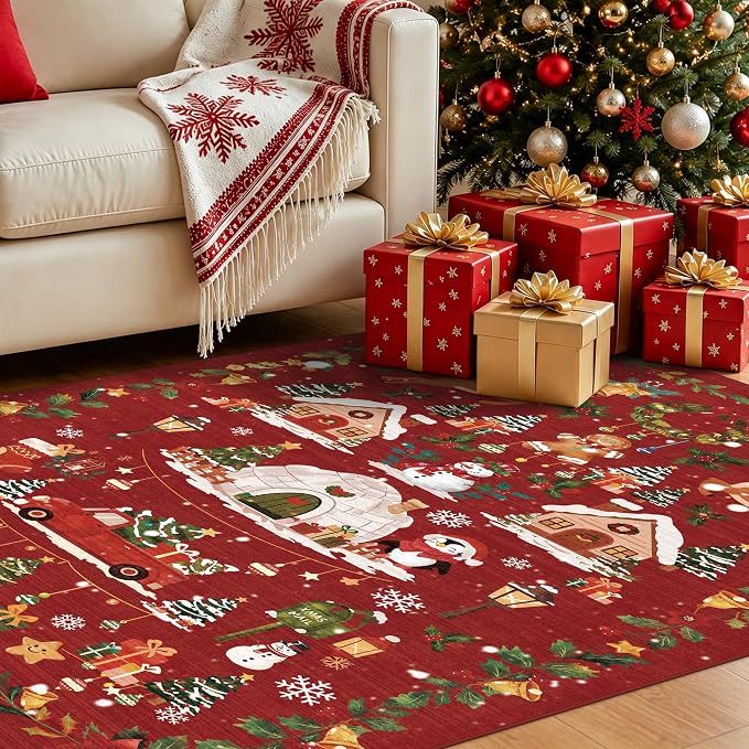 Red 2x6 Kitchen Runner Rug: Non-Slip Printed Hallway Christmas Tree Rugs - Image 2