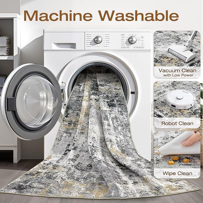LOONGRUG 7x9 Area Rug Washable Large Neutral Modern Living Room Rugs | Abstract - Image 2