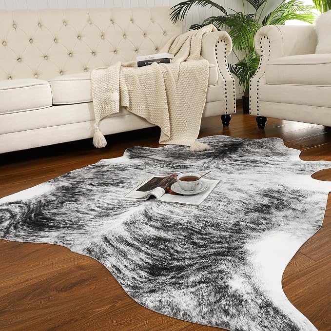 Western Faux Cowhide Rug, Animal Cow Hide Rug, 6.2 x 5.2 Ft Black | Premium - Image 2