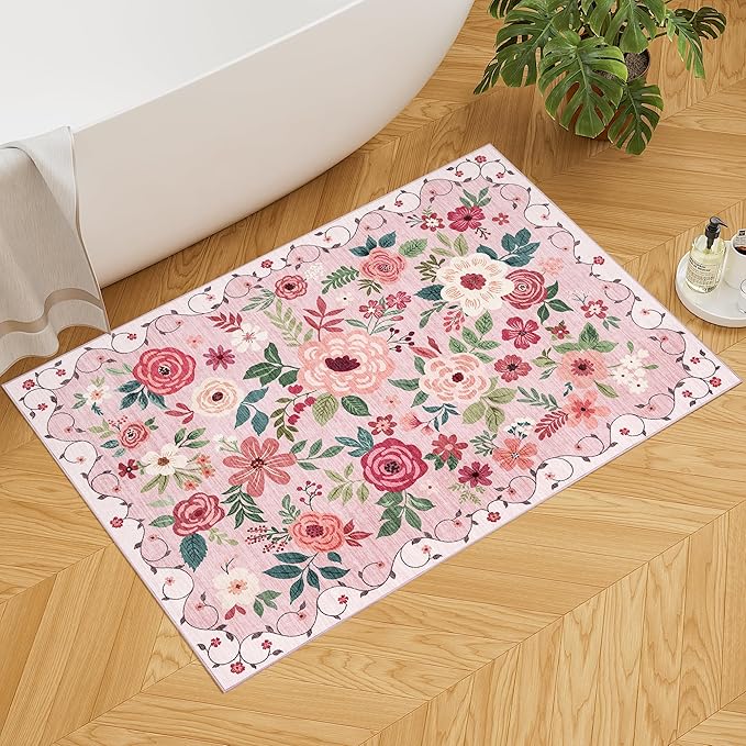 DUKINO 2x3 Entryway Rug, Floral Door Mat Soft Washable Rug Non Slip, - Image 5