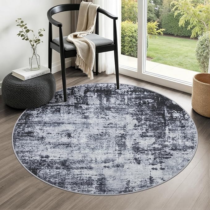 Round Area Rug Living Room: 4 ft Modern Washable Carpet Dark | by FXRHLP
