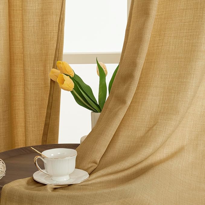 Linen Curtains 95 Inch Length for Living Room 2 Panels, Caramel Brown | Semi - Image 2