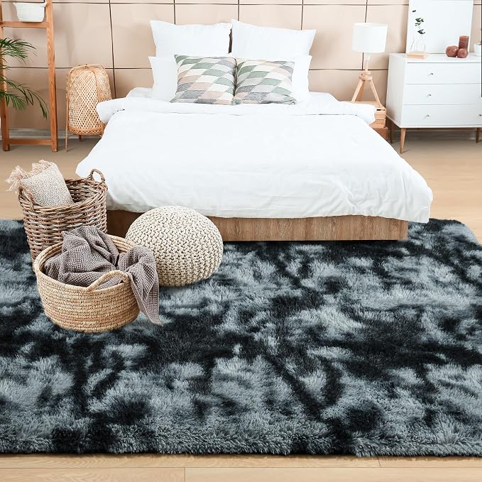 Noahas 5x7 Tie-Dyed Black and Grey Fluffy Area Rug Non-Slip - Image 3