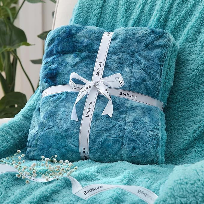 Bedsure GentleSoft Sherpa Fluffy Throw Blanket - Fleece Warm and Cozy Throw for Women Gift, Plush & Fuzzy Faux Fur Christmas Blanket for Couch, Sofa, Bed Decor, Tie Dye Design, Teal, 50x60 Inches