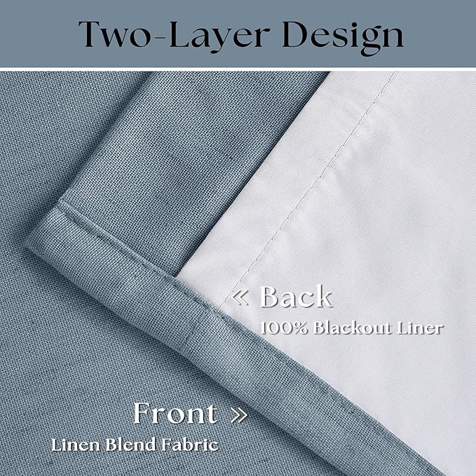 Dusty Blue Pleated Linen 100% Blackout Curtains 102 Inches Long - Image 3