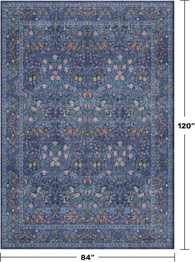 Vintage Dark Blue Living Room Rug, 7x10 Washable Large Area Rugs - Image 2