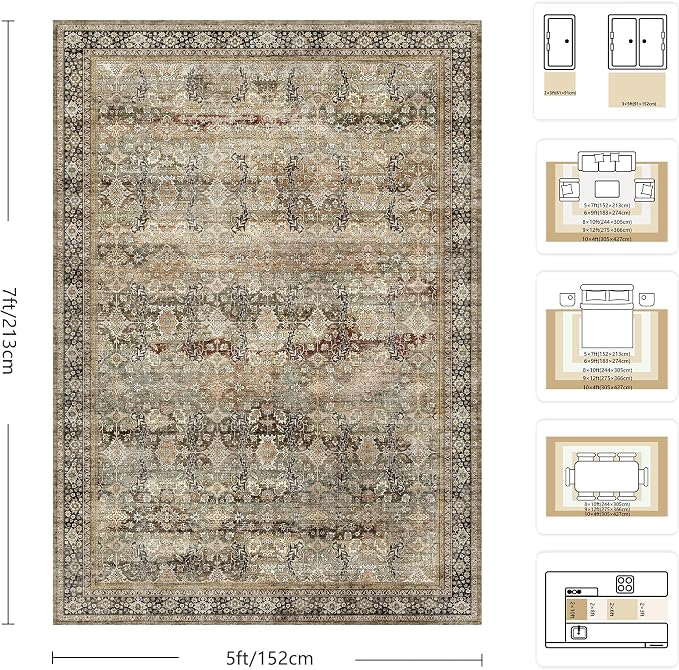 5x7 Area Rugs - Washable Vintage Retro Living Room Rug, Soft Ultra Thin Non - Image 2