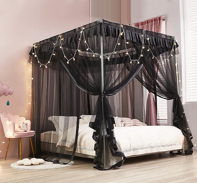 Mengersi Black Elegant 4 Corners Post Canopy Bed Curtains Mosquito Net Bed Drapes Full Size