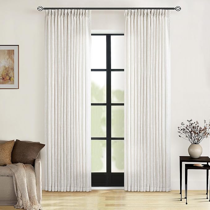 Neutral Pinch Pleated 86 Inch Curtains Semi Sheer Linen Blended, Natural | by Twodrapes