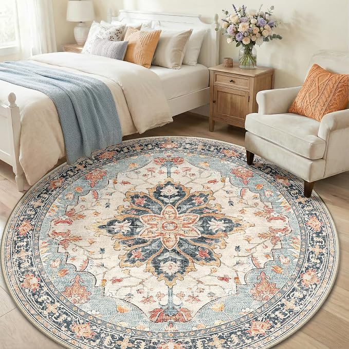 RELEANY Washable Area Rug, Round 6ft, Water Repellent, Pet Friendly, Vintage - Image 3