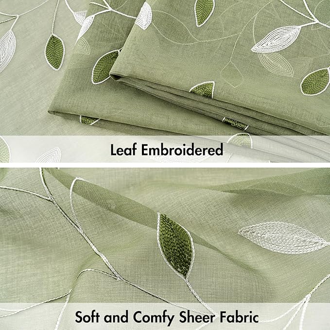MIULEE Sage Green Sheer Curtains 2 Panels Leaf Patterned, W30 x L24 | - Image 4