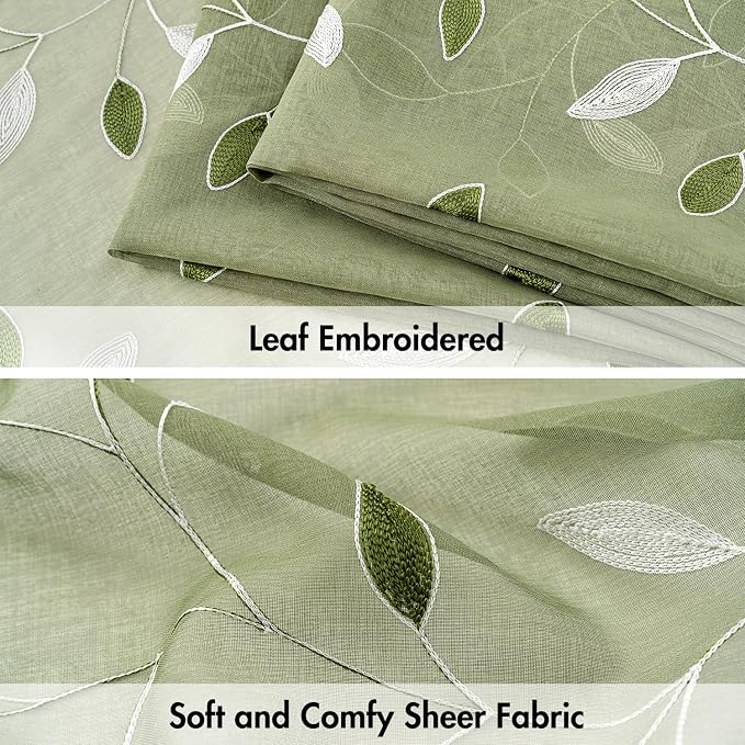 MIULEE Sage Green Sheer Curtains 2 Panels Leaf Patterned, W52 x L45 | - Image 4