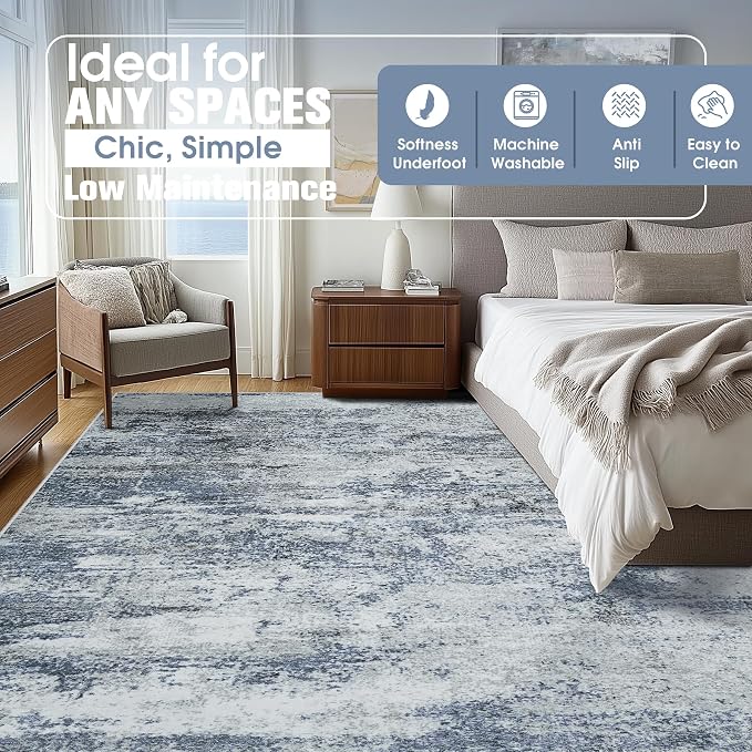 9x12 Area Rugs for Living Room Washable Bedroom Dining Room Blue Grey | Modern - Image 9