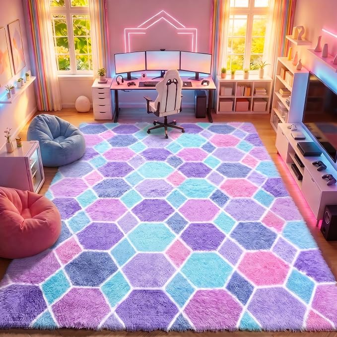 Checkered Purple Rainbow Area Rugs, Fluffy 5x8 Geometric Rug Girls Bedroom | - Image 3