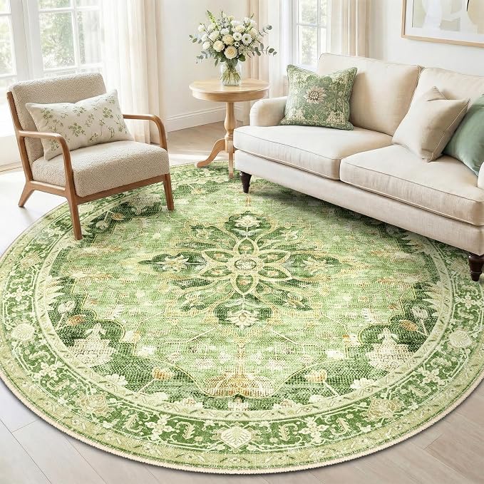 RELEANY Washable Area Rug, Round 6ft, Water Repellent, Pet Friendly, Vintage by RELEANY