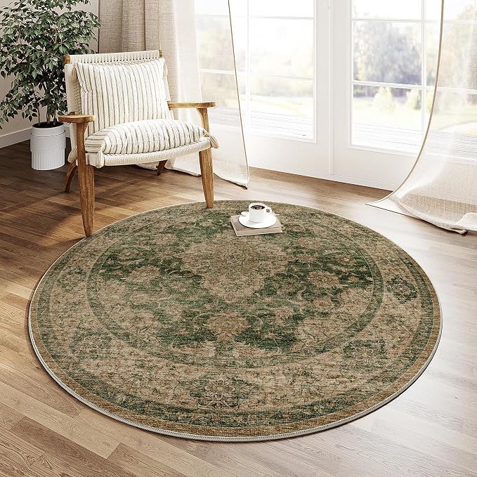 4ft Round Green Retro Floral Washable Rug - Image 3