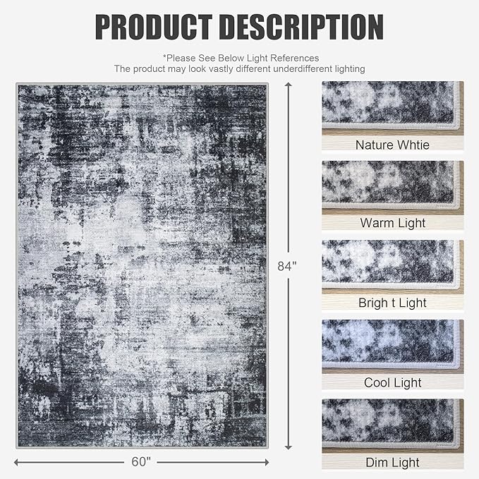 5x7 Area Rug Living Room: Modern Washable Soft Carpet Dark Black | - Image 2