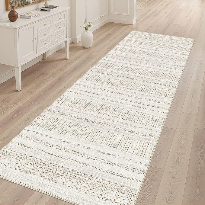 cotiled Hallway 2.6x8 Runner Rugs Washable Boho Rug Brown/Cream | Stain - Image 8
